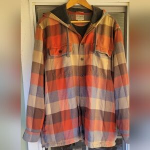 L.L Bean Shirt Mens Orange Plaid Flannel Shacket Fleece Lined, Hooded SZ L
